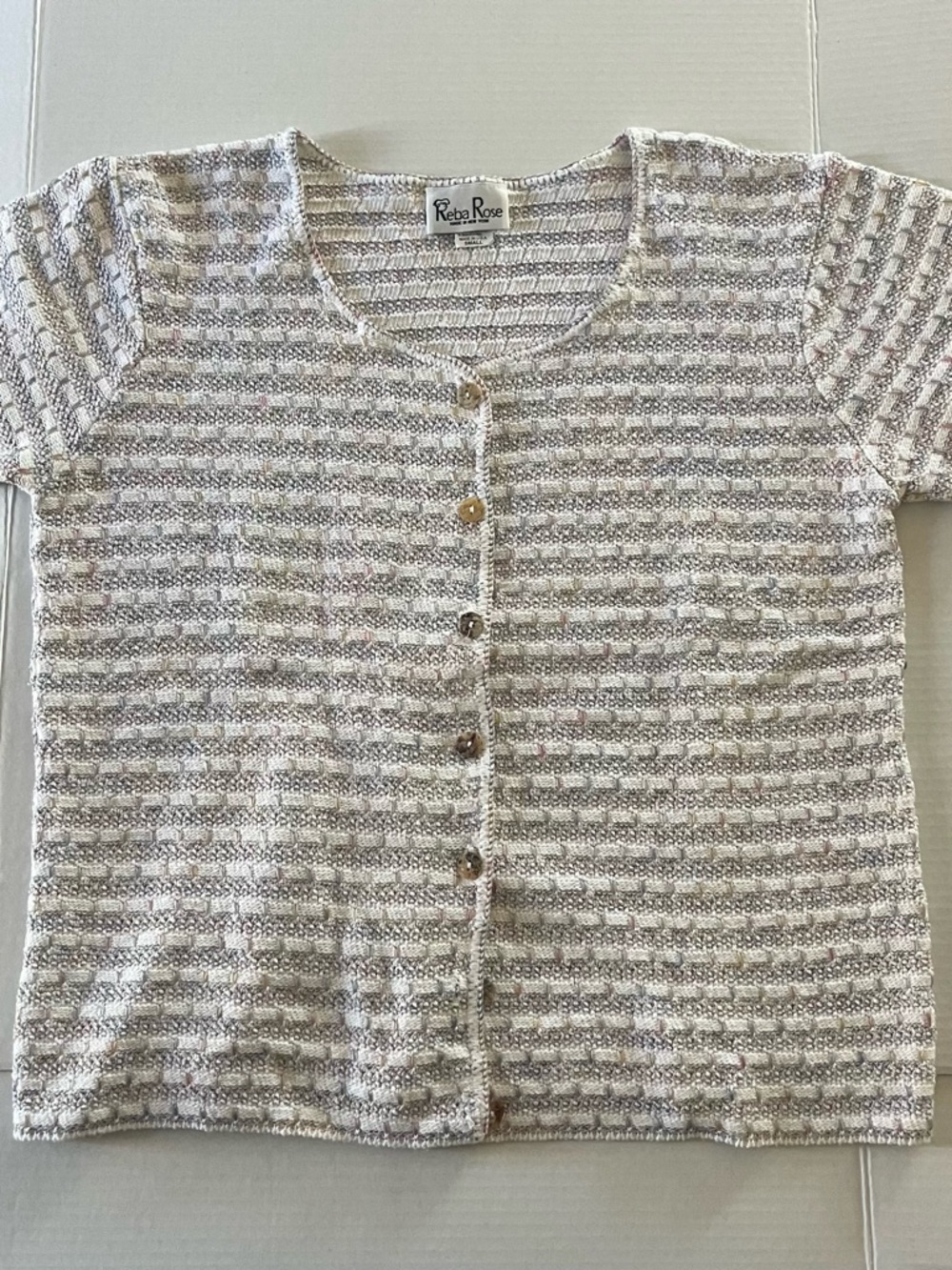 Vtg Reba Rose White w/ Blue & Pink Stripe Knit Button-Front Top/Cardigan Small